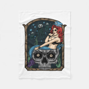 Spooky Halloween Punk Goth Skull Mermaid Fleece Blanket