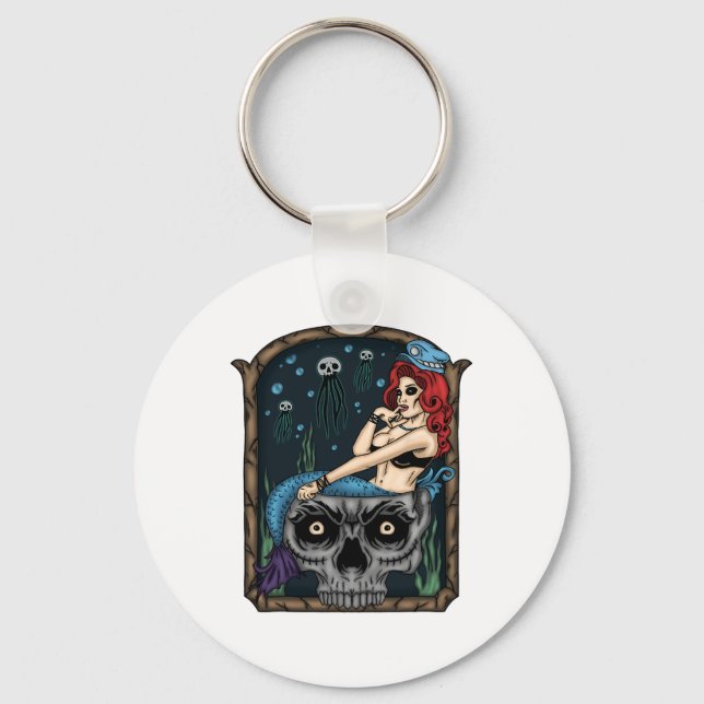Spooky Halloween Punk Goth Skull Mermaid  Key Ring (Front)