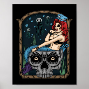 Spooky Halloween Punk Goth Skull Mermaid Poster
