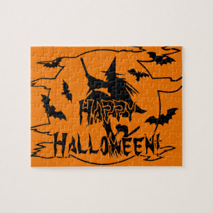 Spooky Halloween puzzle with black witch and bats