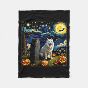 Spooky Halloween Samoyed Dog Starry Night Fleece Blanket