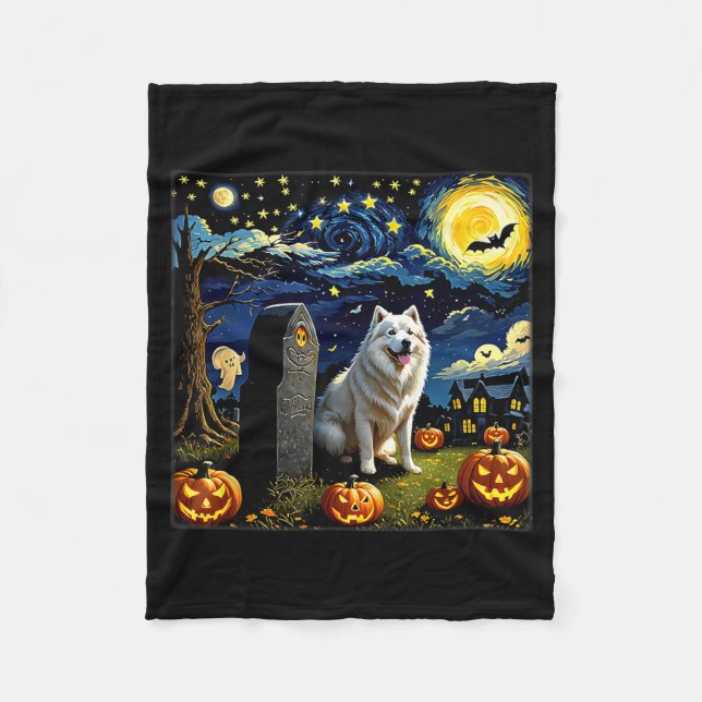Spooky Halloween Samoyed Dog Starry Night Fleece Blanket (Front)