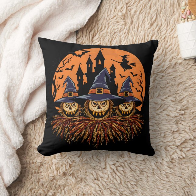 Spooky Halloween scarecrow trio at twilight Cushion (Blanket)