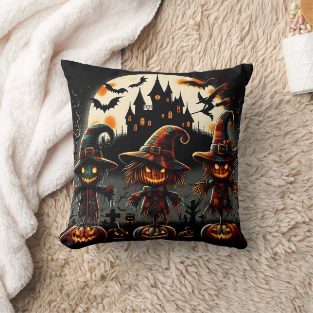Spooky Halloween scarecrows guarding the graveyard Cushion (Blanket)