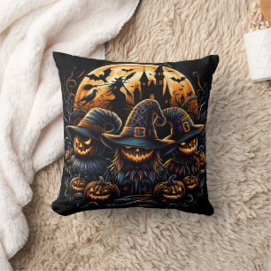 Spooky Halloween scarecrows under a full moon Cushion