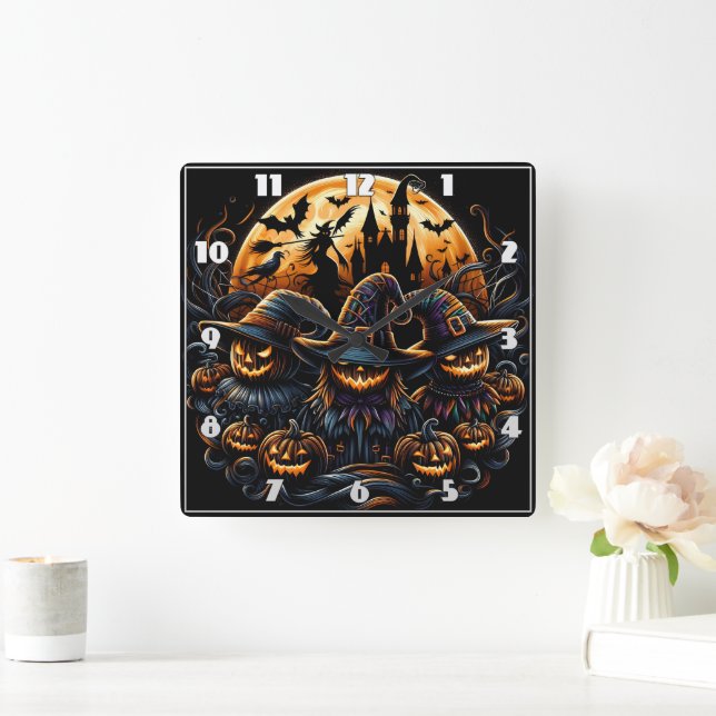 Spooky Halloween scarecrows under a full moon Square Wall Clock (Home)