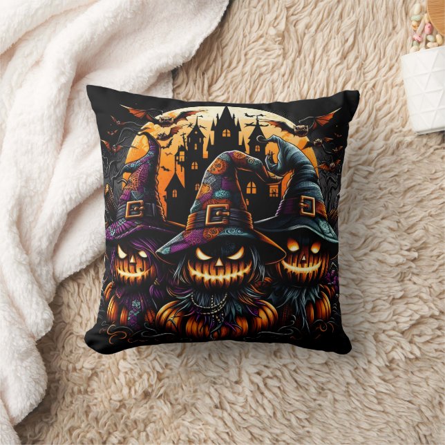 Spooky Halloween scarecrows under a haunted moon Cushion (Blanket)