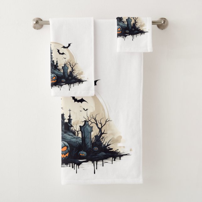 Spooky Halloween Scene Bath Towel Set (Insitu)