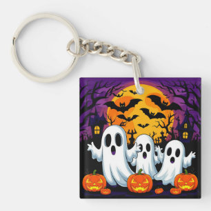 Spooky Halloween Scene with Ghosts Key Ring