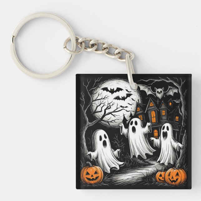 Spooky Halloween Scene with Ghosts Key Ring (Front)