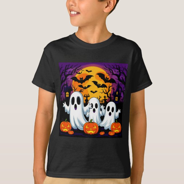 Spooky Halloween Scene with Ghosts T-Shirt (Front)