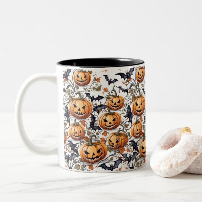 Spooky Halloween Seamless Pattern Two-Tone Coffee Mug (With Donut)