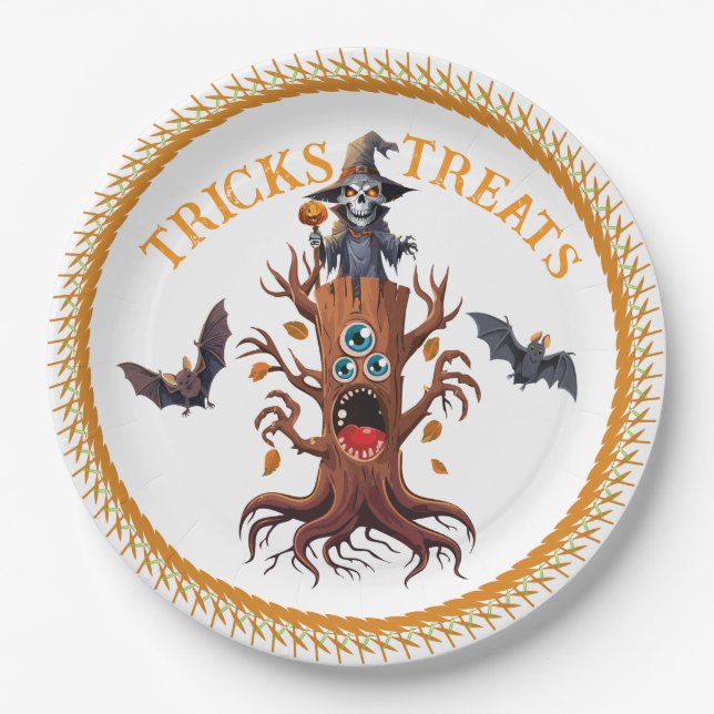 Spooky Halloween Shaman On Tree Stump Paper Plate (Front)