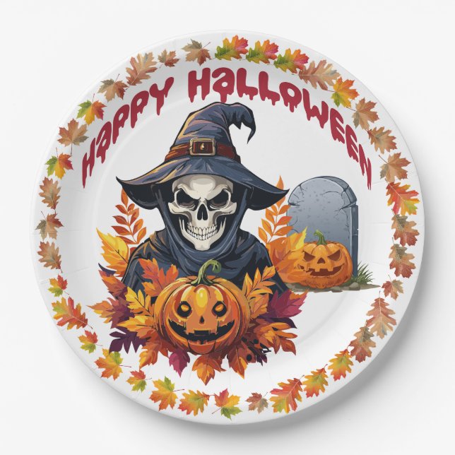 Spooky Halloween Shaman With Fall Leaves Paper Plate (Front)