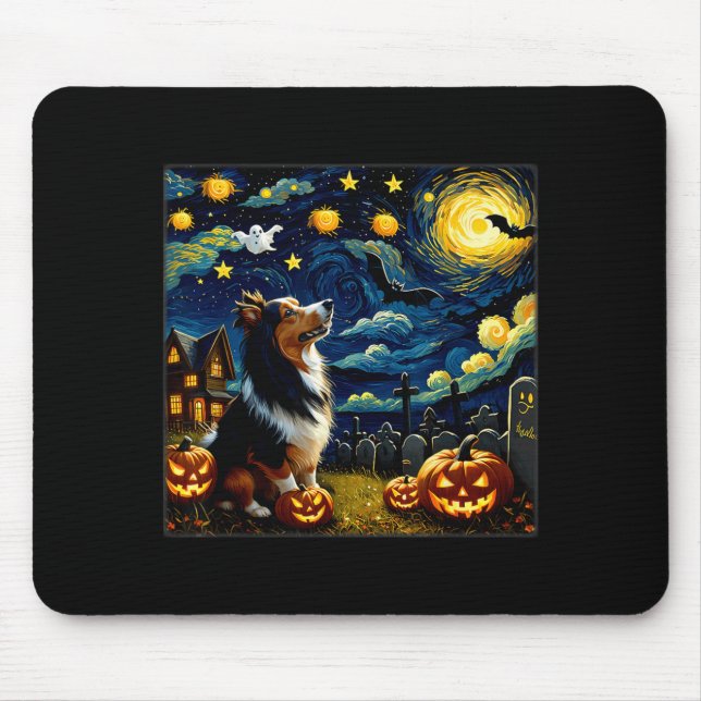 Spooky Halloween Sheltie Dog Starry Night Mouse Mat (Front)