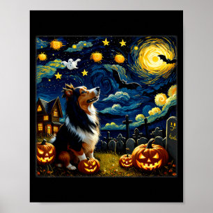 Spooky Halloween Sheltie Dog Starry Night Poster