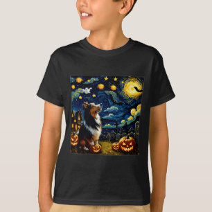 Spooky Halloween Sheltie Dog Starry Night T-Shirt