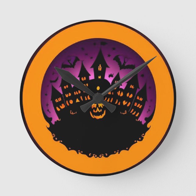 Spooky Halloween Silhouette Of A Haunted Castle Round Clock (Front)