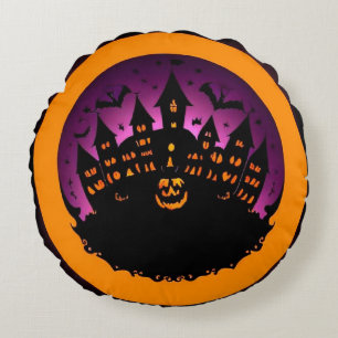 Spooky Halloween Silhouette Of A Haunted Castle Round Cushion