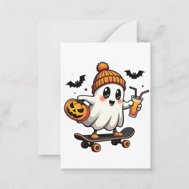 Spooky Halloween Skating Pumpkin Spice Ghost Fall Card (Front)