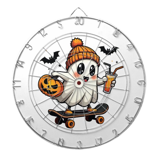 Spooky Halloween Skating Pumpkin Spice Ghost Fall Dartboard (Front)