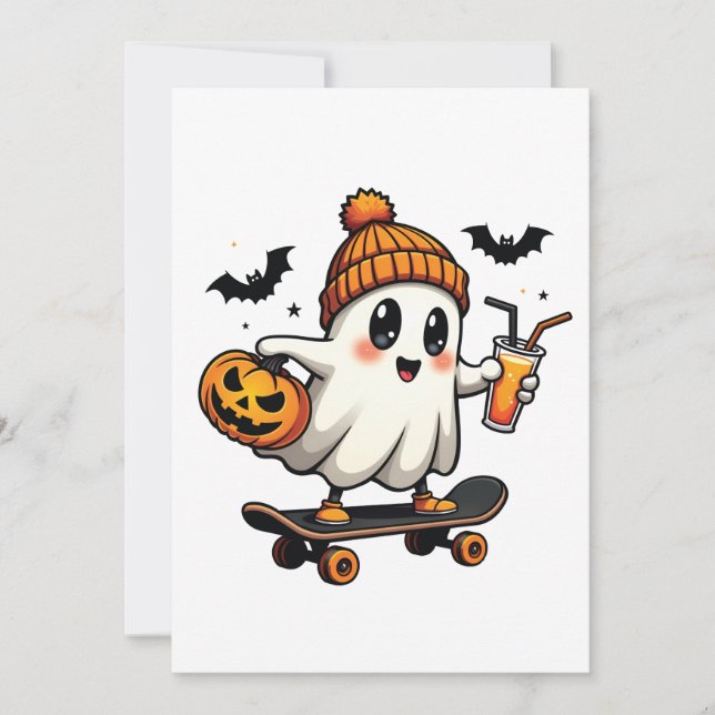 Spooky Halloween Skating Pumpkin Spice Ghost Fall Invitation (Front)