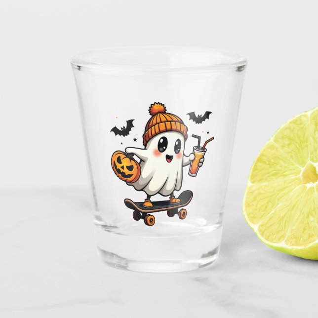 Spooky Halloween Skating Pumpkin Spice Ghost Fall Shot Glass (Front)