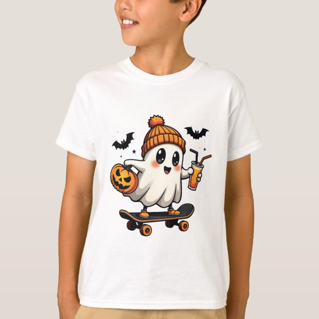 Spooky Halloween Skating Pumpkin Spice Ghost Fall T-Shirt (Front)