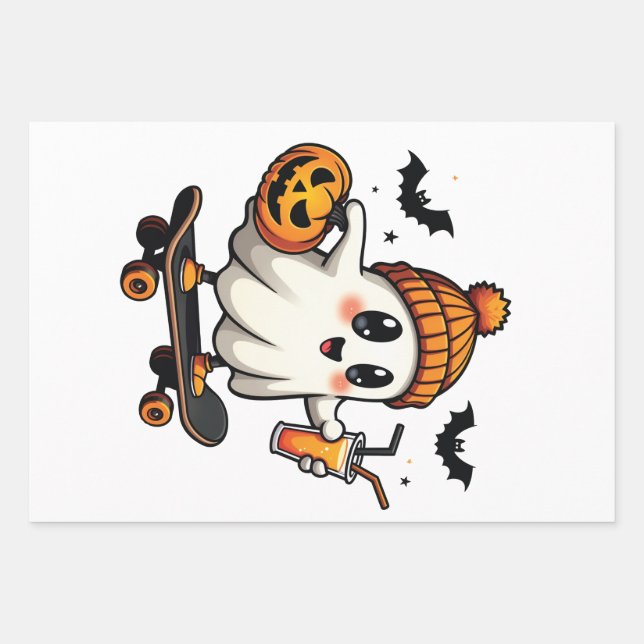 Spooky Halloween Skating Pumpkin Spice Ghost Fall Wrapping Paper Sheet (Front)