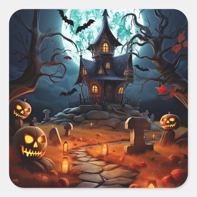 Spooky Halloween Skeleton Skull Haunted House  Square Sticker (Front)