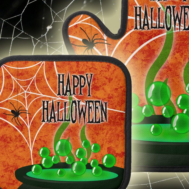Spooky Halloween Spider Web Bubbling Cauldron Oven Mitt & Pot Holder Set (Dress up your kitchen for Halloween with this set of spooky pot holders.)