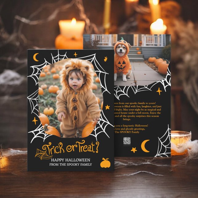 Spooky Halloween Spider web Trick or treat 2 photo Holiday Card (Spooky Halloween Spider web Trick or treat 2 photo Holiday Card)