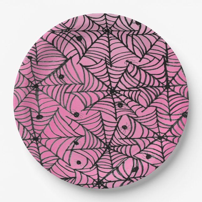 Spooky Halloween Spider Webs on Pink Paper Plate (Front)