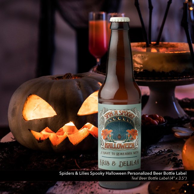 Spooky Halloween Spiders & Lily Victorian Vintage Beer Bottle Label (Spin a Spooky Halloween Personalized, Vintage Style Beer Bottle Label - Teal)