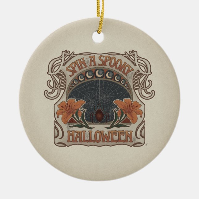 Spooky Halloween Spiders & Lily Victorian Vintage Ceramic Tree Decoration (Front)