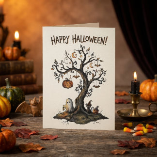 Spooky Halloween Tree with Ghosts & Bats Card