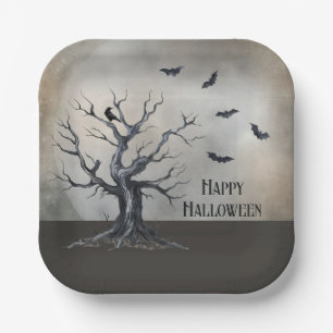 Spooky Halloween Tree with Raven and Bats Paper Plate
