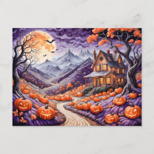 Spooky Halloween Villa with Pumpkins and Bats Postcard