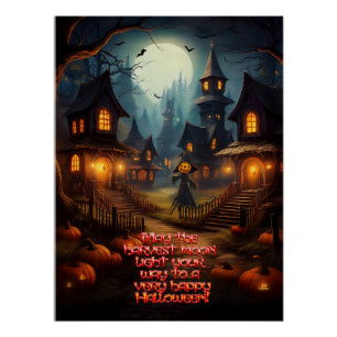 Spooky Halloween Village With Scare Crow Poster