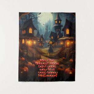 Spooky Halloween Village With Scare Crow Tapestry