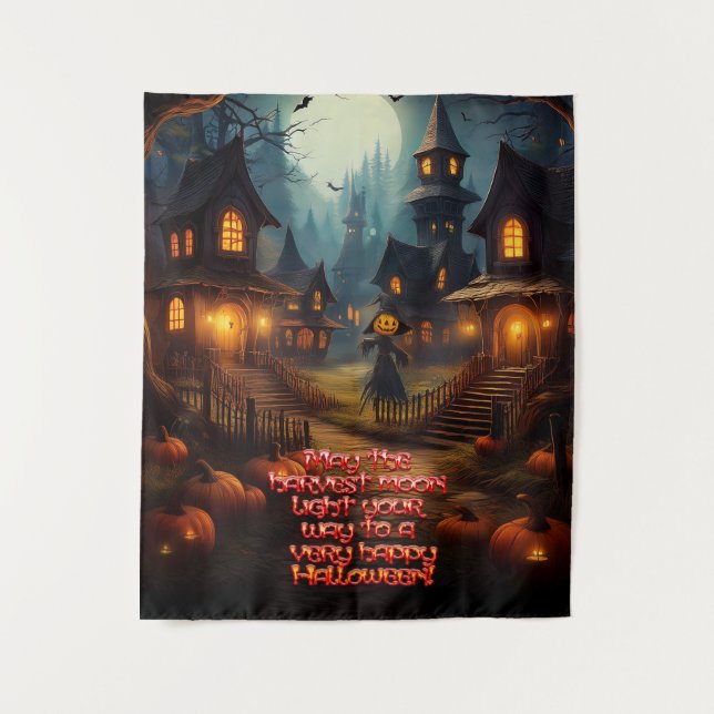 Spooky Halloween Village With Scare Crow Tapestry (Front)