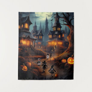 Spooky Halloween Village With Trick or Treators Tapestry