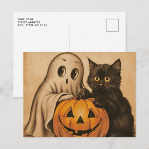 Spooky Halloween Vintage Ghost Black Cat Pumpkin Postcard