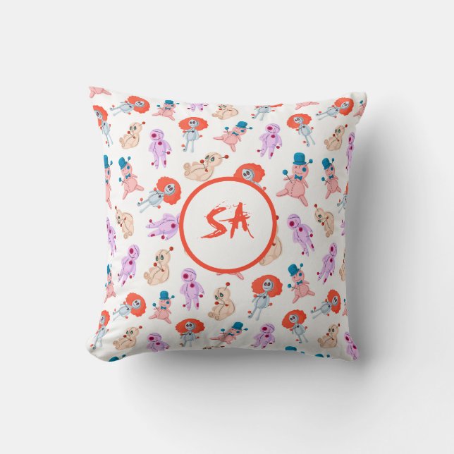 Spooky Halloween Voodoo Dolls Red Pink Blue White Cushion (Front)