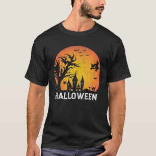 Spooky Halloween Witch Bat Full Moon Vintage T-Shirt