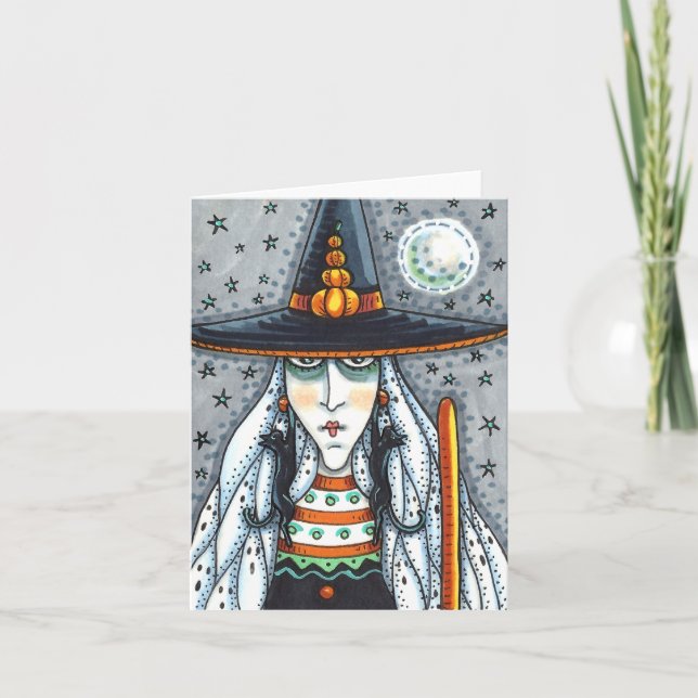SPOOKY HALLOWEEN WITCH, BLACK CAT EARRINGS Blank Card (Front)