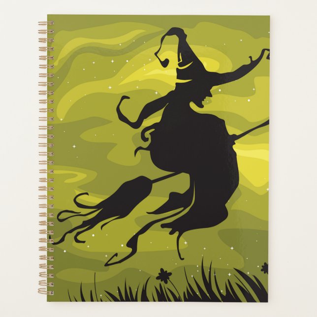 Spooky Halloween Witch Flying on Broomstick Planner (Front)