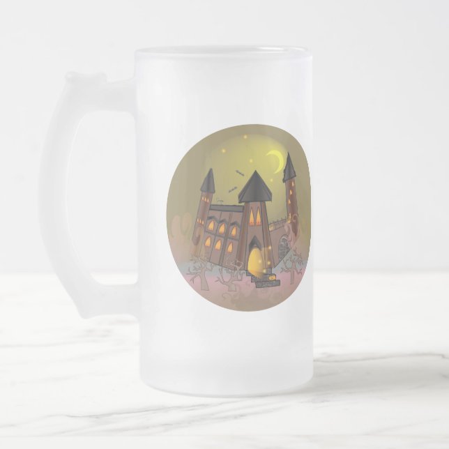 Spooky Halloween witch house and vampires castle   Frosted Glass Beer Mug (Left)