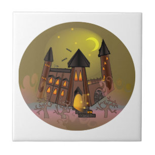 Spooky Halloween witch house and vampires castle Tile