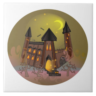 Spooky Halloween witch house and vampires castle Tile